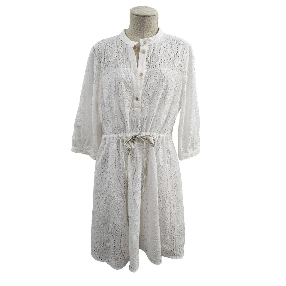 Marella 10 White Floral Eyelet Lace A-Line Dress Self-Tie Waist Designer EUC